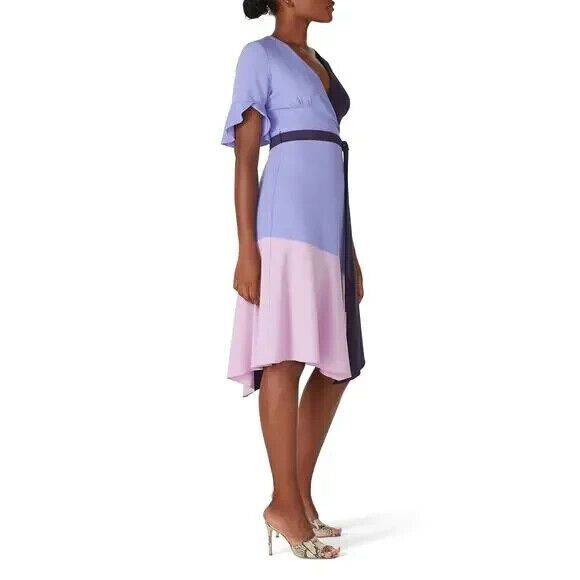 Hutch Small Colorblock Crepe Faux Wrap Midi Dress Blue Purple Flutter Sleeve - Picture 3 of 13